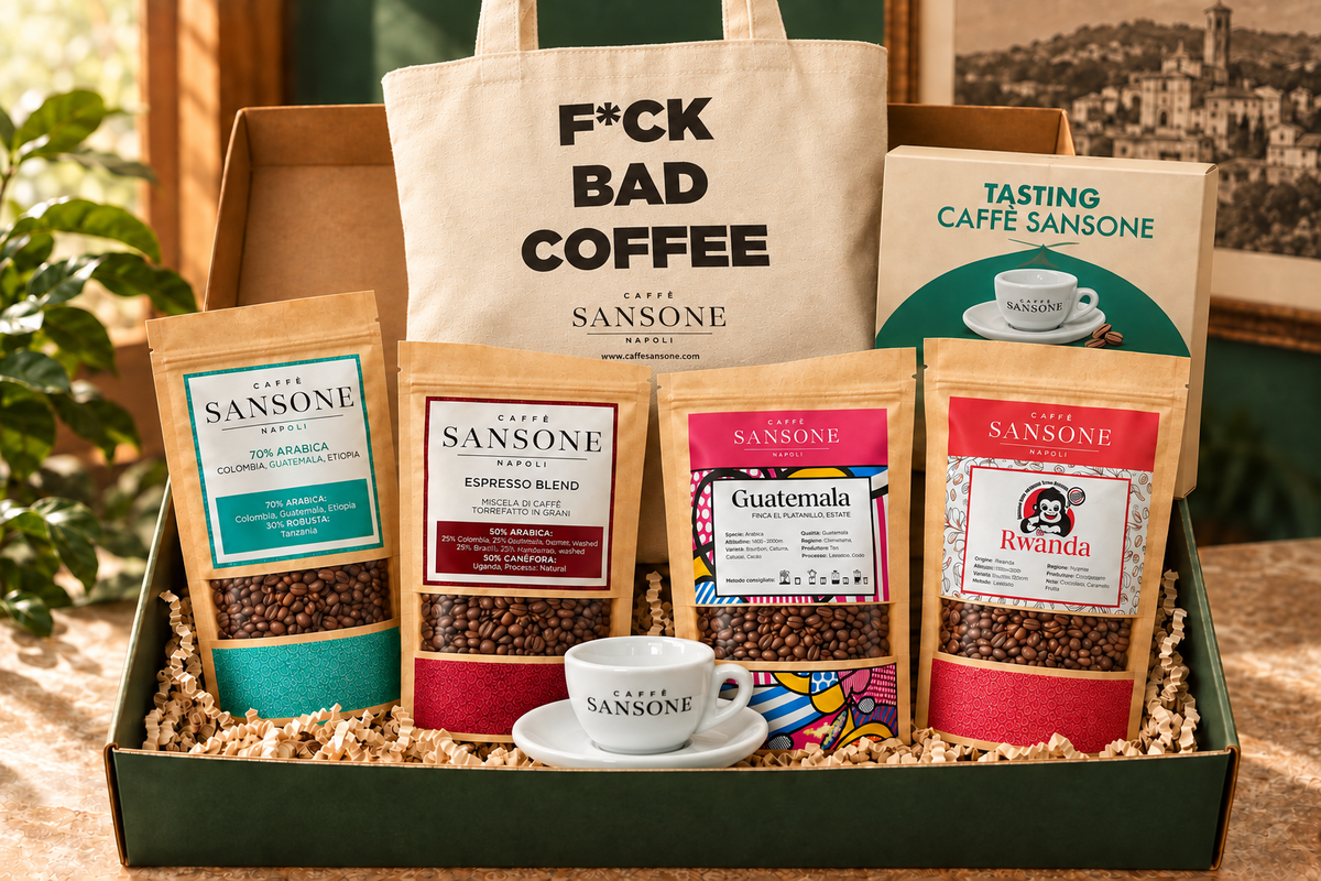 Confezione regalo Sansone Discovery Box Plus con Espresso Blend 70/30 e 50/50, caffè specialty, Tasting Box, tazzina Sansone e Shopper F*ck Bad Coffee