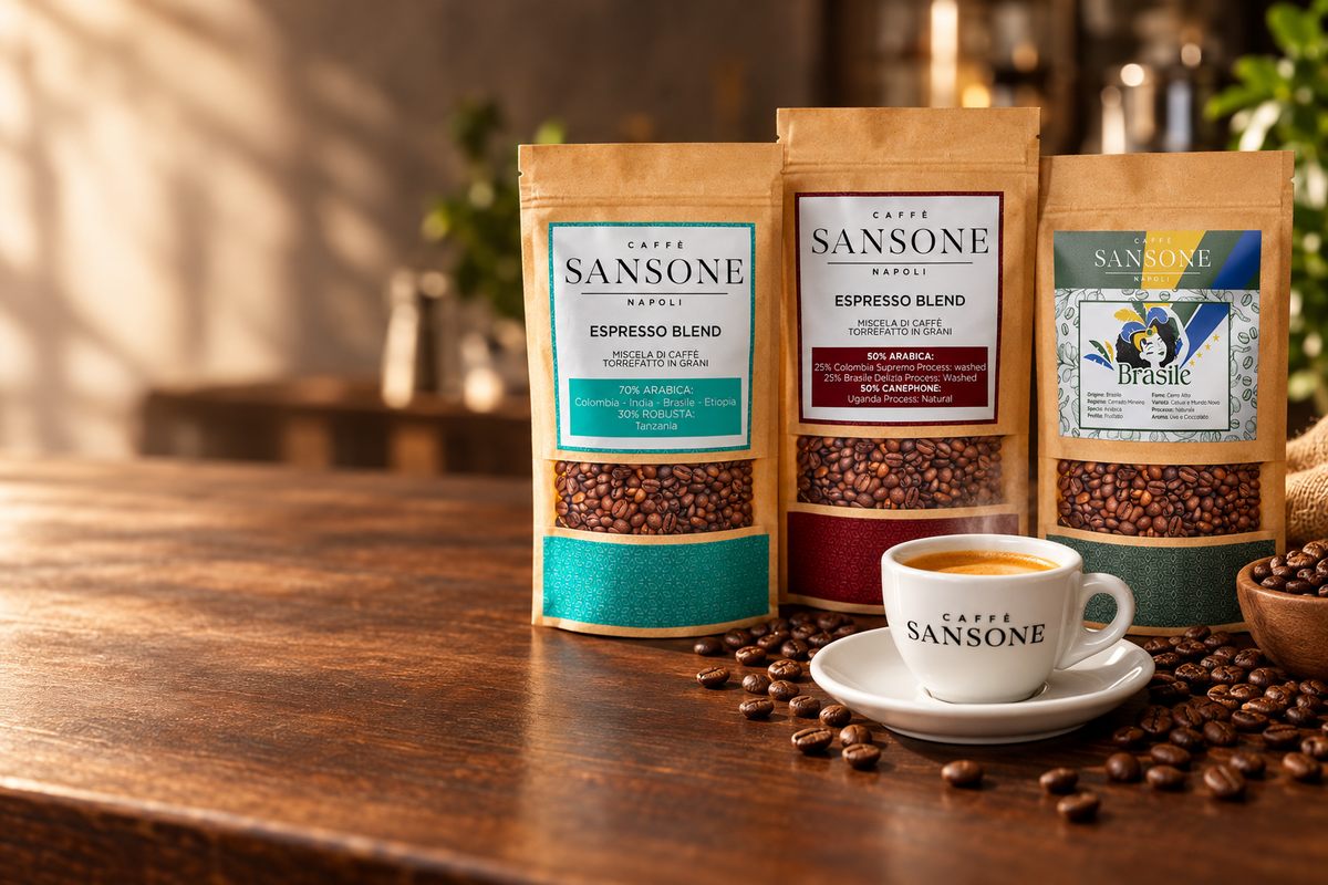 Hero con Espresso Blend 70/30, 50/50, Brasile Specialty e tazzina Sansone